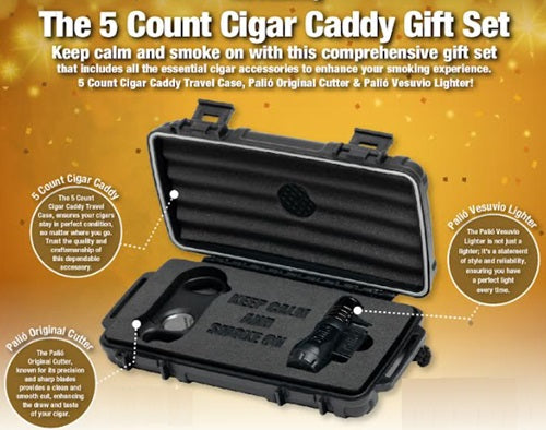 Cigar Caddy Travel Humidor - 5 Cigars - Black Gift Set