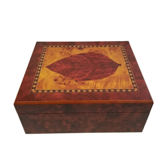 30 Count Humidor - Brown with Tobacco Leaf Print