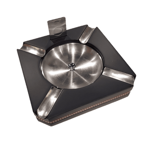 Premium Cigar Ashtray - Black with Leather and Cutter